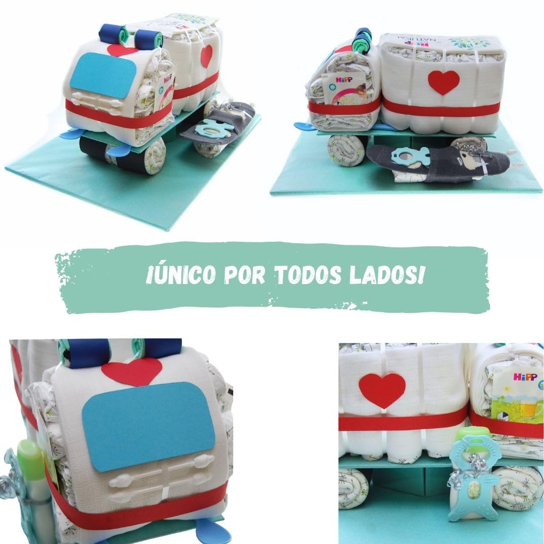 myBambini ® Tarta pañal ambulancia con calcetines de bebé [regalo para socios y rescate profesional]- Regalo de nacimiento - Baby shower - Bebé