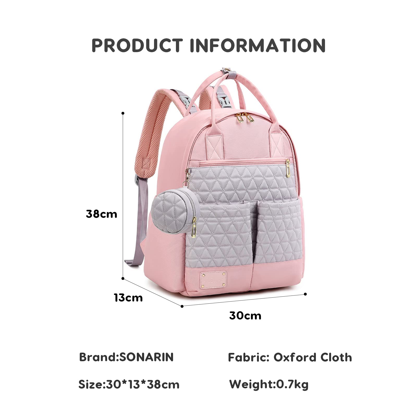 SONARIN Multifunzionale Leggero Zaino Fasciatoio,Grande Capacità Borsa per Pannolini Impermeabile Zaino Mamma Neonato Borsa Fasciatoio da Viaggio Portatile con Borsa Ciuccio(Rosa)