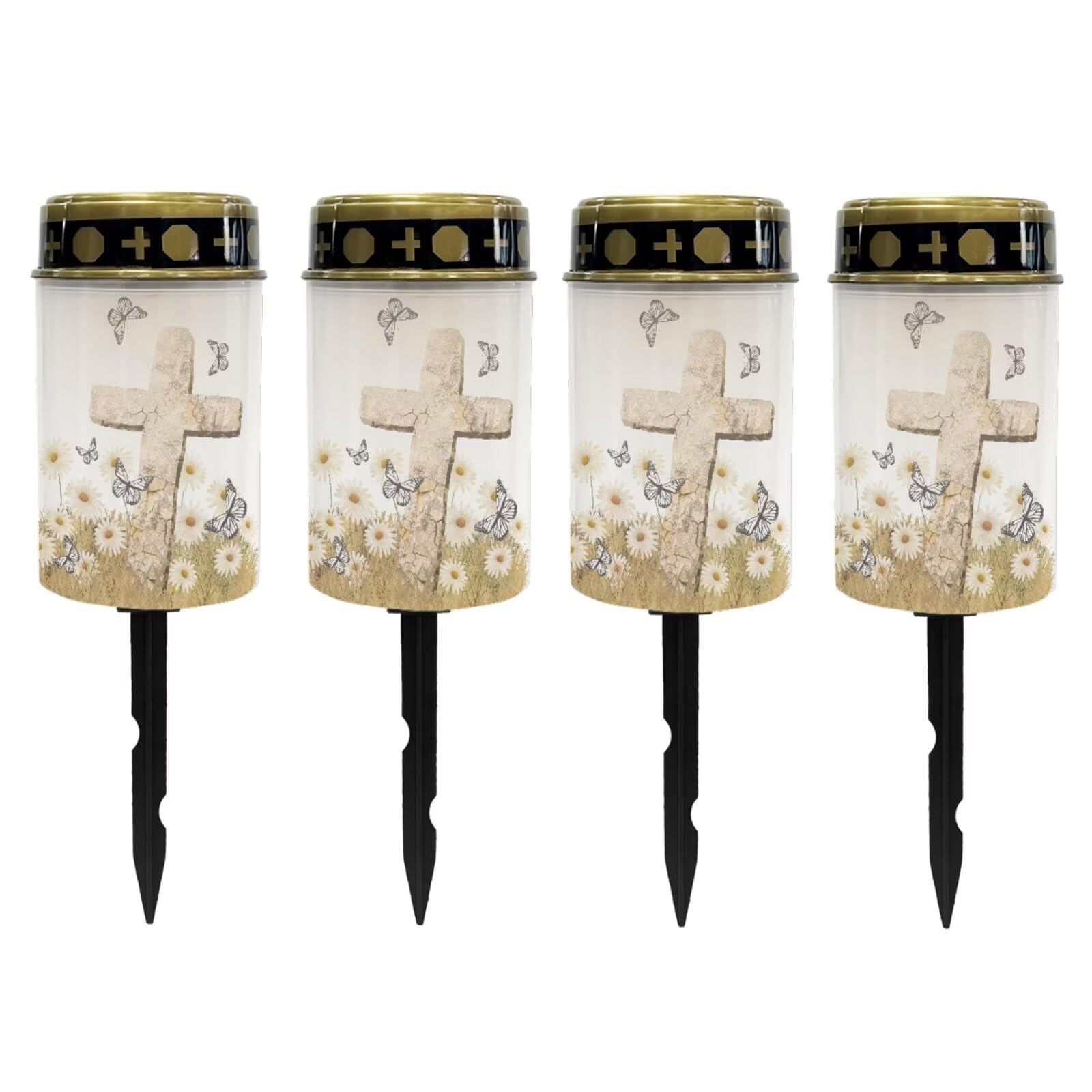 Poceacles Cross Solar Cemetery Lights Grave Solar Lights Solar Cemetery Lamp LED Flameless Candles Outdoor Cemetery Solar Lights for Loss of Mother, Daisy Butterfly Cross, Pack of 4