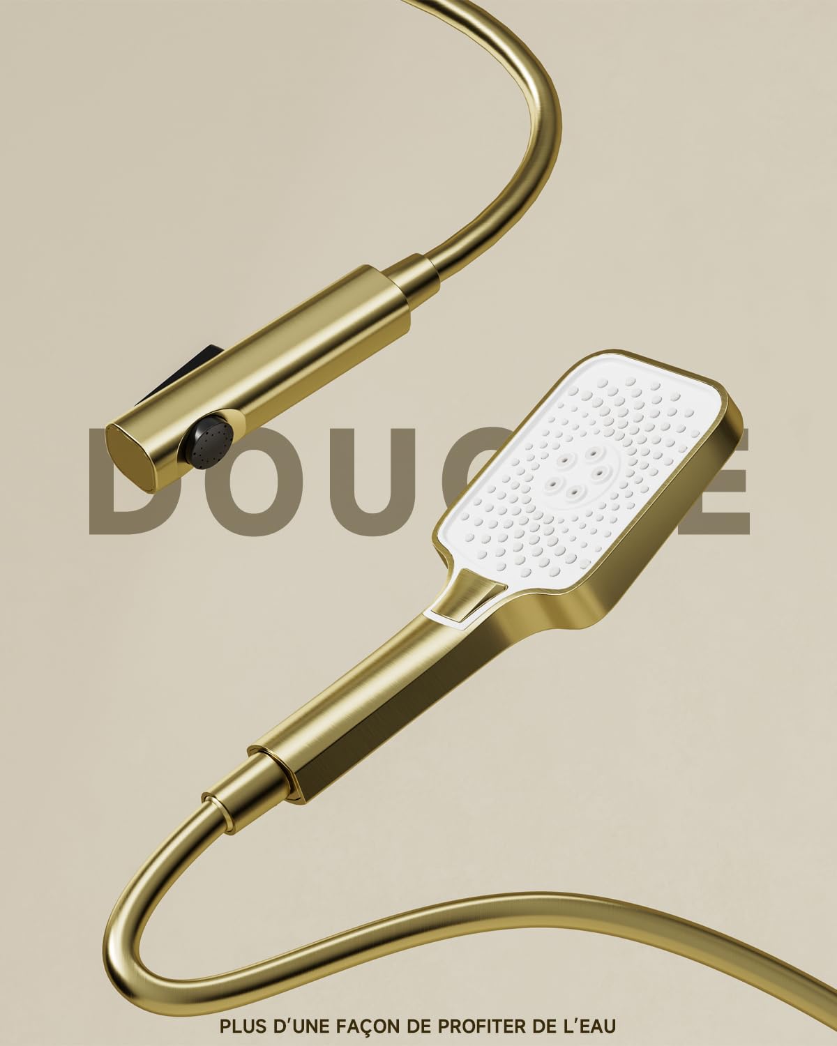 Colonne de douche, ensemble de colonne de douche 4-en-1 en or brossé | Pomme de douche rectangulaire à effet pluie 300 × 180 mm, orientable à 360°, douchette à main 3 modes, avec accessoires