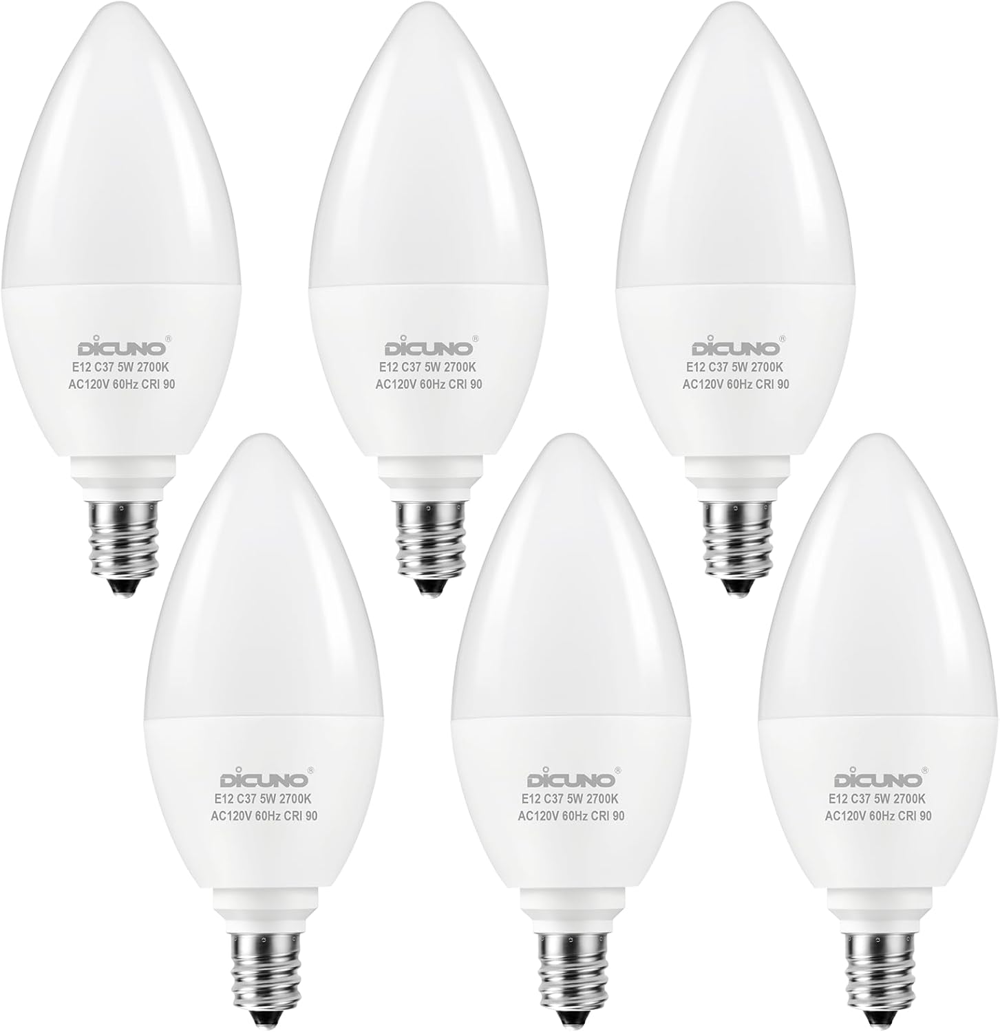 DiCUNO E12 Candelabra LED Bulbs 60 Watt Equivalent, Warm White 2700K, 600LM, 5W Type B Candle Bulb for Ceiling Fan and Chandelier, CRI90, Non-Dimmable, 6-Pack