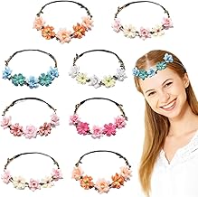 8 x Flower Headband Elastic Ribbon Headband Garland Flower Headband, Girl's Adjustable Headband for Wedding Festival Party