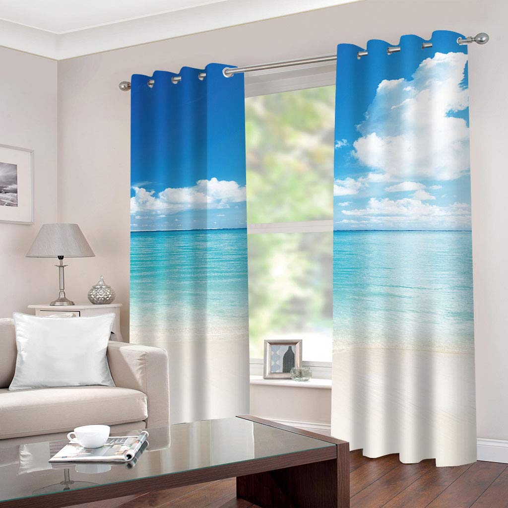 Rideaux Et Draperies Intérieurs 3D Ciel Bleu Nuage Blanc Vue Mer Motif Rideau Occultant À Oeillets Decoration Salon Chambre Maison pour Enfant Adulte 2 Pièces 280x160Cm Design Moderne Imprimé