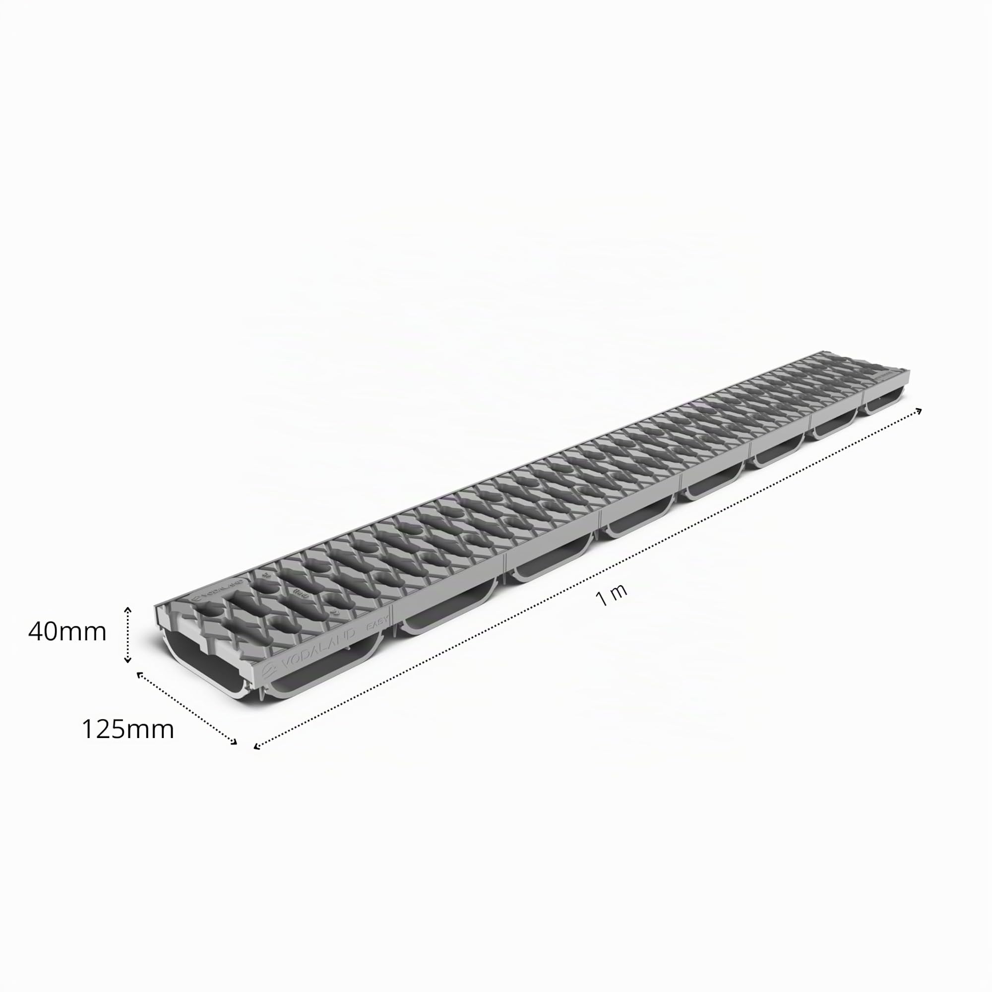 VODALAND EASY LOW – Canaleta de Drenaje con Rejilla de Plástico Gris | Perfil Bajo 40 mm | Clase A15 (hasta 1.500 kg) | Drenaje Discreto en Terrazas, Patios y Espacios Exteriores - Kit de 3 metros