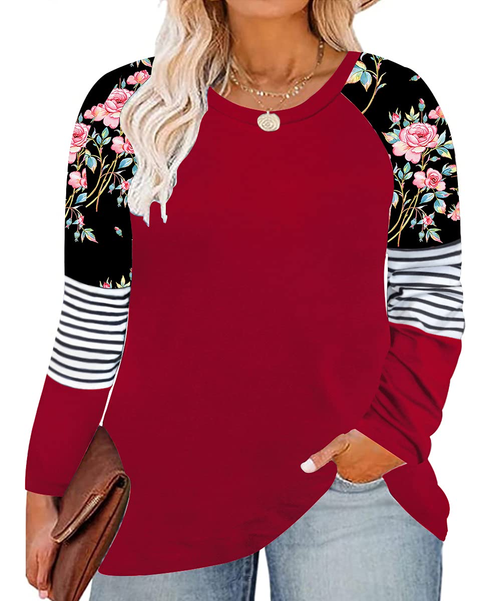 CARCOS Plus Size Tops for Women Twist Knotted Shirts Raglan Tunic Blouses L-5XL, 2-wine Red Floral, 5X-Large
