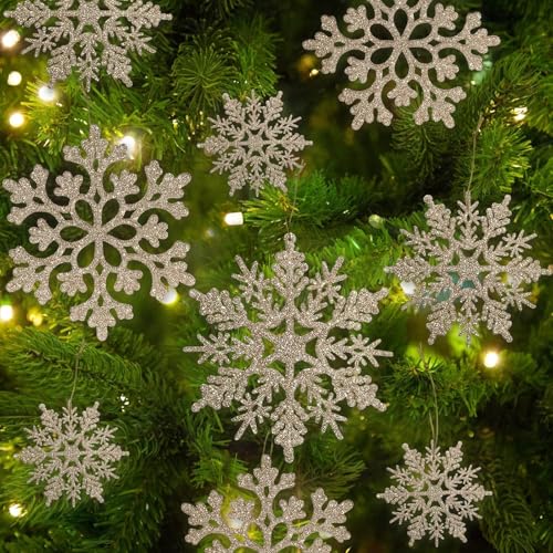 Image of 60pcs Christmas Champagne Gold Snowflake Ornaments Plastic Glitter Snow Flakes Ornaments for Winter Christmas Tree Decorations Size Varies Craft Snowflakes