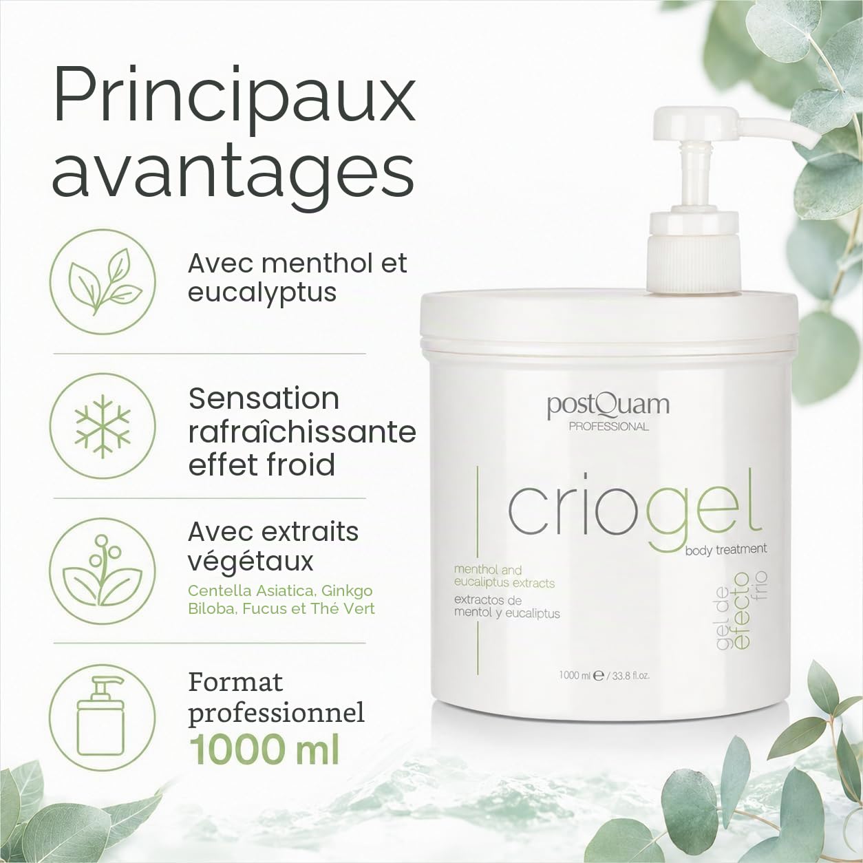 PostQuam Criogel crème corporelle effet froid raffermissante lissante gel rafraîchissant jambes lourdes 1000 ml