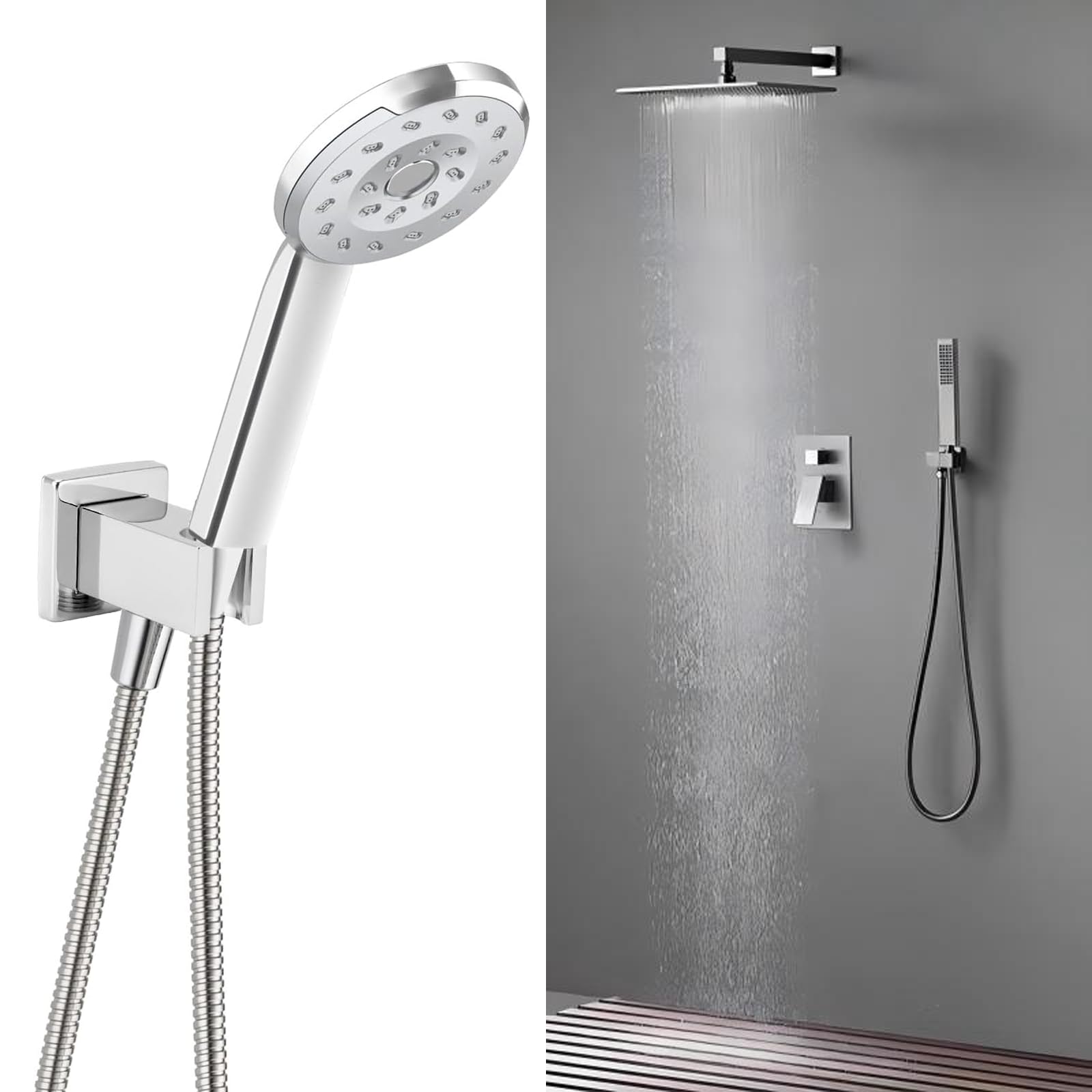 Support Douchette Encastrée Mural avec Prise de Douche, Support en Acier Laiton Carré 1/2 Pouce, Fixation Murale Encastrée, Support de Douchette Encastrer, Chromé Brillant pour Douche