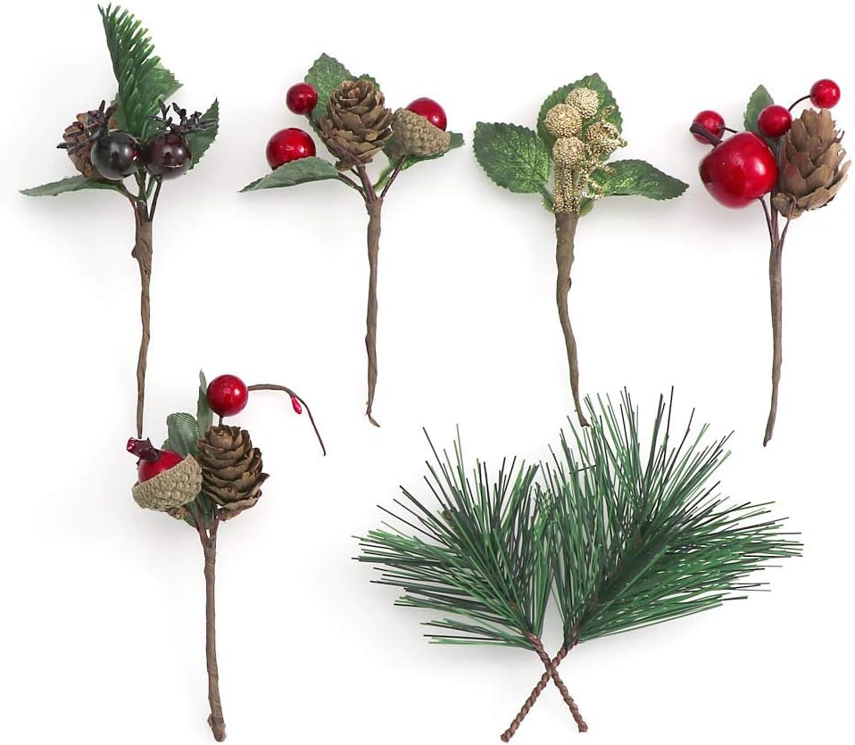 14PCS Artificial Berry Picks, Christmas Pine With Red Berries and Pine Cones for DIY Crafts, Gift Wrapping, Flower Arrangements, Wreaths, Holiday Floral Decorations
