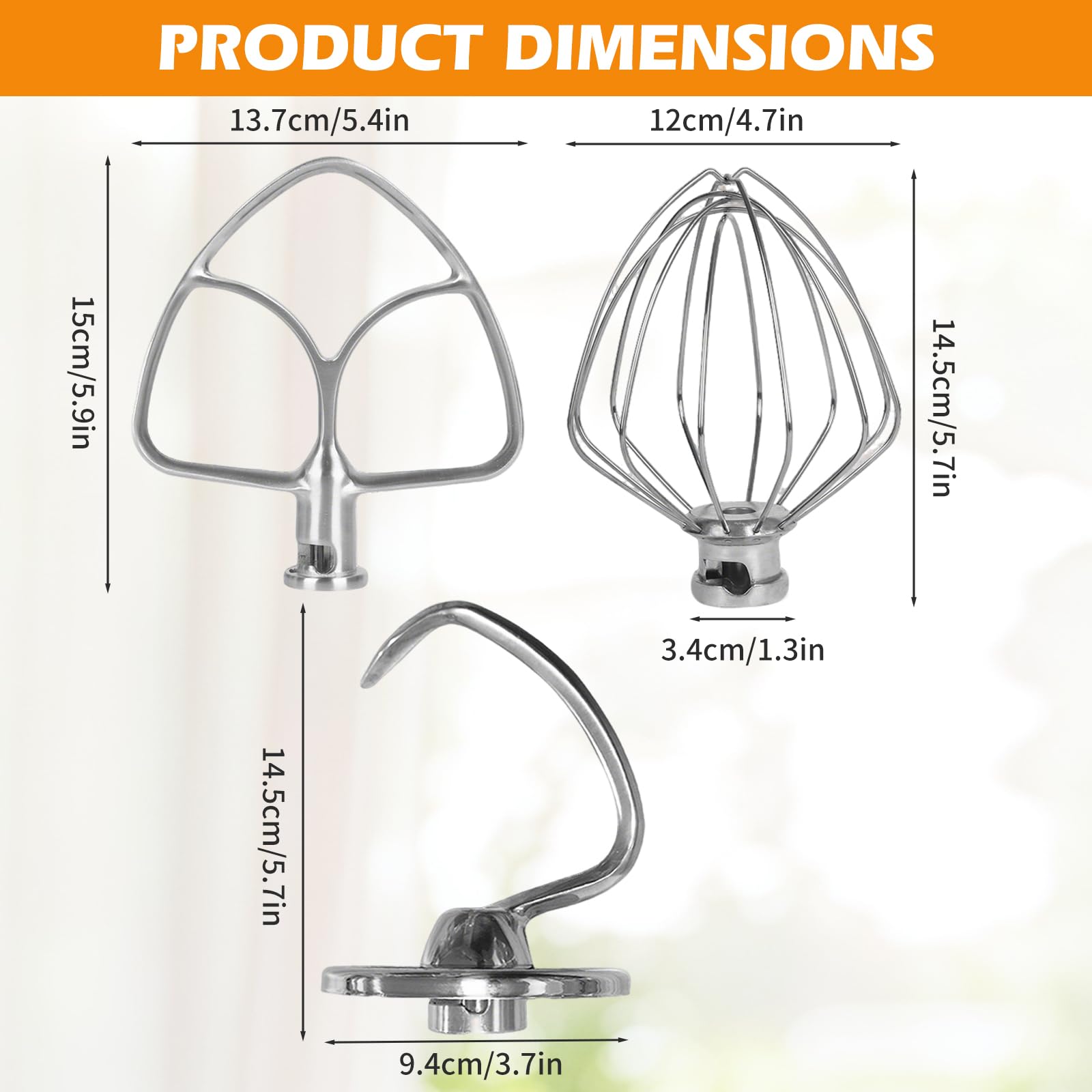 3PCS Batidor Varillas Espuma y Gancho Amasar Acero inoxidable para Artisan y Classic Serie 4,5 – 5 Quart