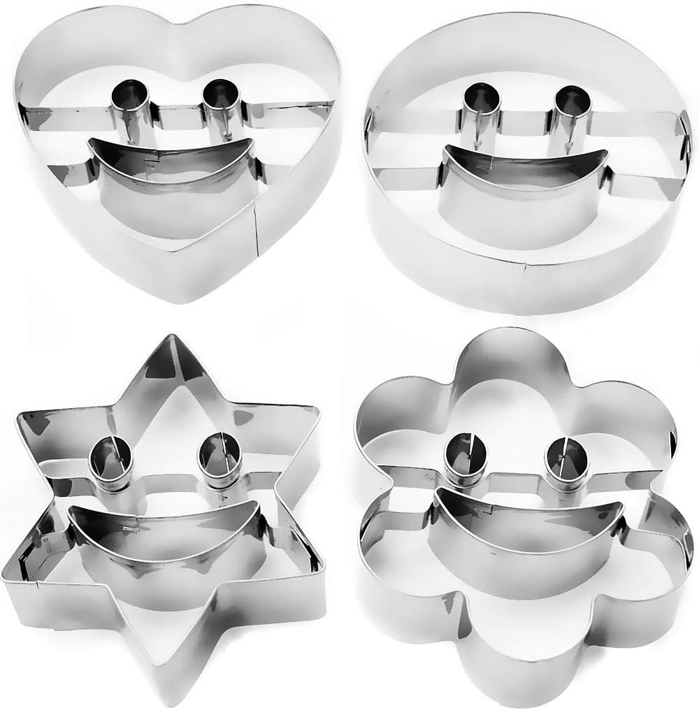 HomeTools.eu, 4 cookie cutters, smile biscuit moulds, chips for funny pastry, emoji smiley, heart, star, flower, stainless steel, set of 4.
