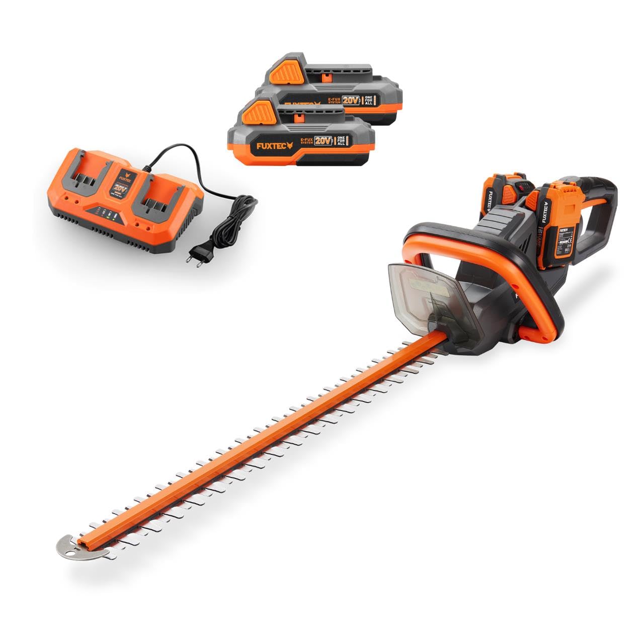 FUXTEC Cortasetos de batería de 40V FX-E2HSSET • 61 cm de longitud de corte • 26 mm de espesor de corte • 2 x 20V batería de iones de litio • Mango giratorio • Freno eléctrico • Cortasetos para