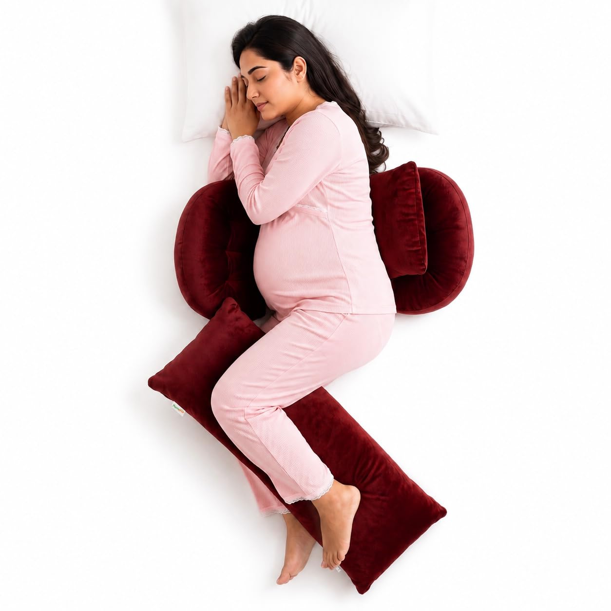 OYO BABY Full Body Support Pillow for Pregnancy | Plush Velvet 4-Piece Maternity Set | Maternity Pillow Bundle | Adjustable Butterfly Design for Back, Belly, Hip and Leg Pain Relief - Maroon