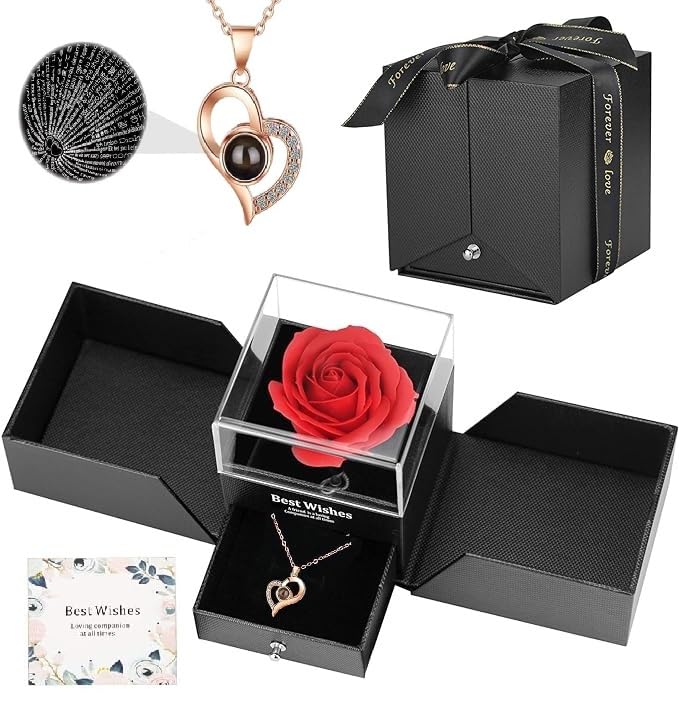 Artificial Preserved Red Rose, I Love You in 100 Languages Heart Necklace with Rose Gift Box for Mom Wife, Valentine's Day Gift for Girlfriend, Anniversary Birthday Gift for Women-picture-10