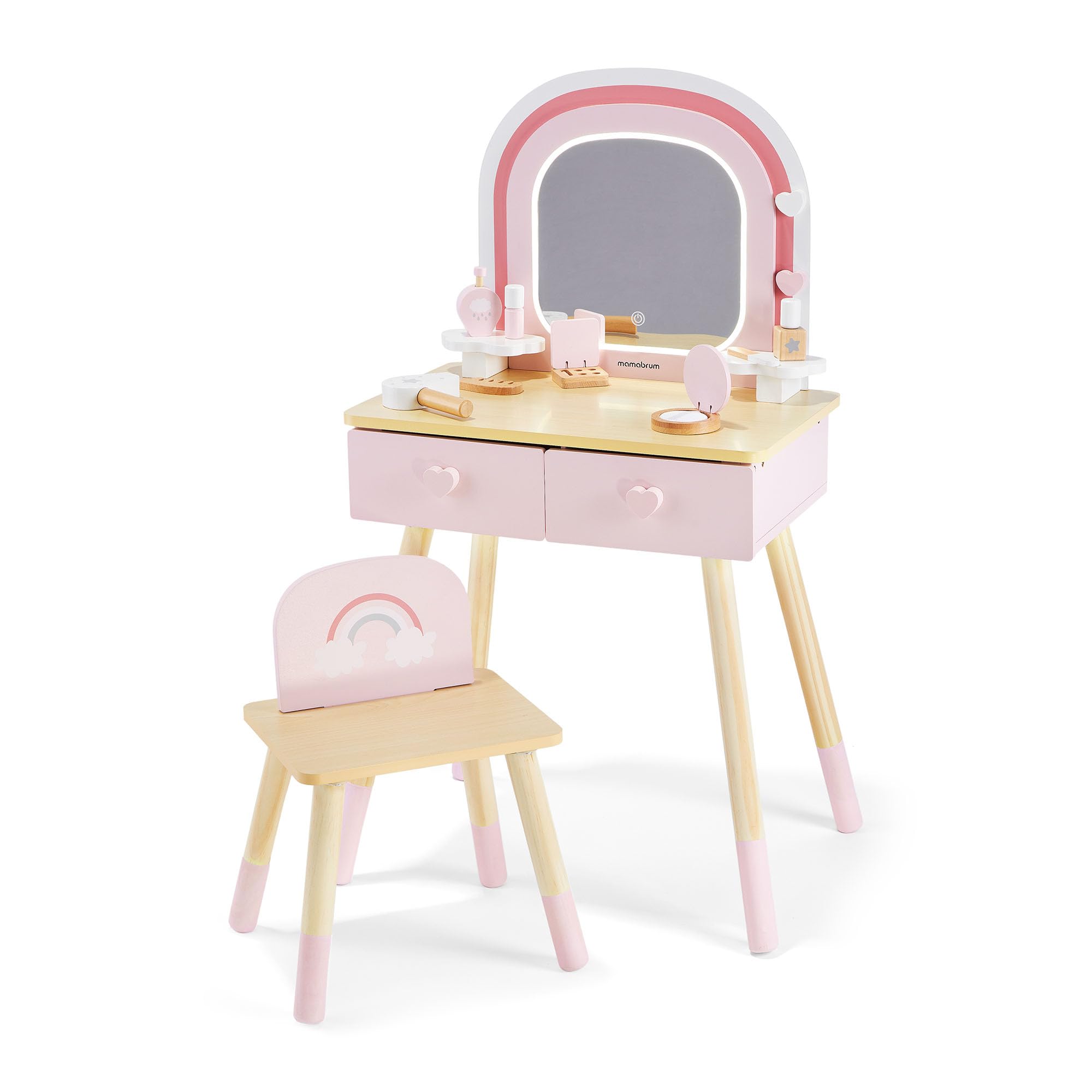 mamabrum Toeletta In Legno Per Bambini Con Specchio LED, Luce Regolabile, Sgabello E Accessori – Arredo Educativo E Creativo Ideale Per La Cameretta E Il Gioco Di Ruolo