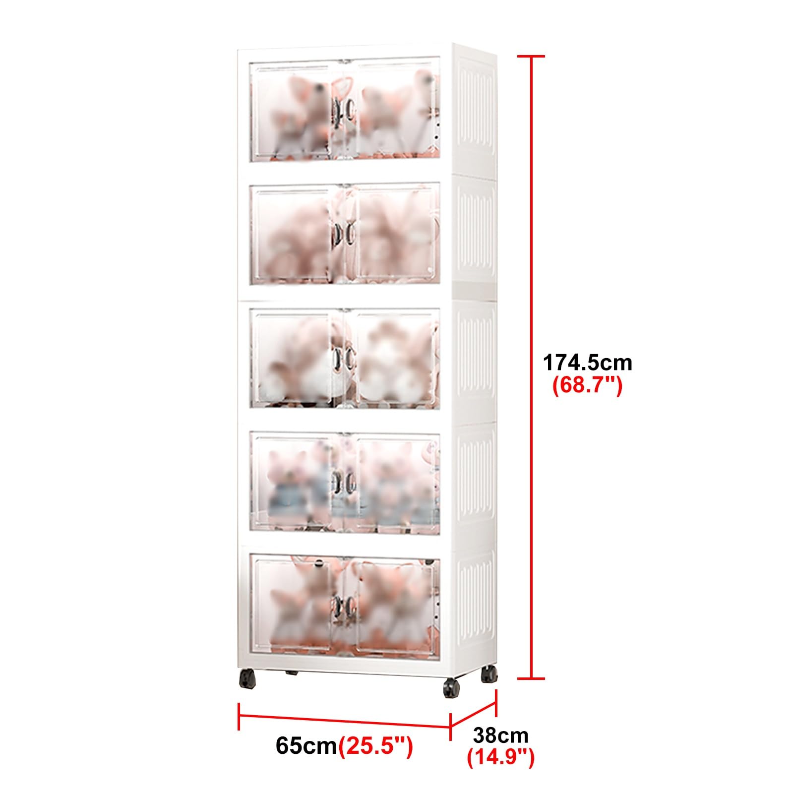 Teca Plexiglass Vetrina Pieghevole in Plastica con Ruote, Contenitore Impilabile con Doppia Anta e Coperchio, Vetrina in Acrilico Trasparente per Oggetti da Collezione(5-Layer)