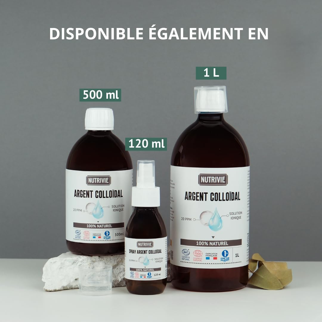 Argent Colloïdal 1L - 20 PPM & 100% Naturel - Très Haute Qualité & Ultra Pur - Elaboré par électrolyse - Purifie et Apaise la peau - Anti-microbien & Anti-bactérien - Fabriqué en France - Nutrivie