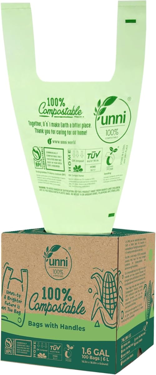 UNNI Compostable Bags with Handles 1.2-1.6 Gallon, 6 Liter, 100 Count, 0.64 Mil, Samll Kitchen Food Scrap Waste Bags, T-Shirt Bags, ASTM D6400, US BPI &amp; Europe OK Compost Home Certified, San Francisco