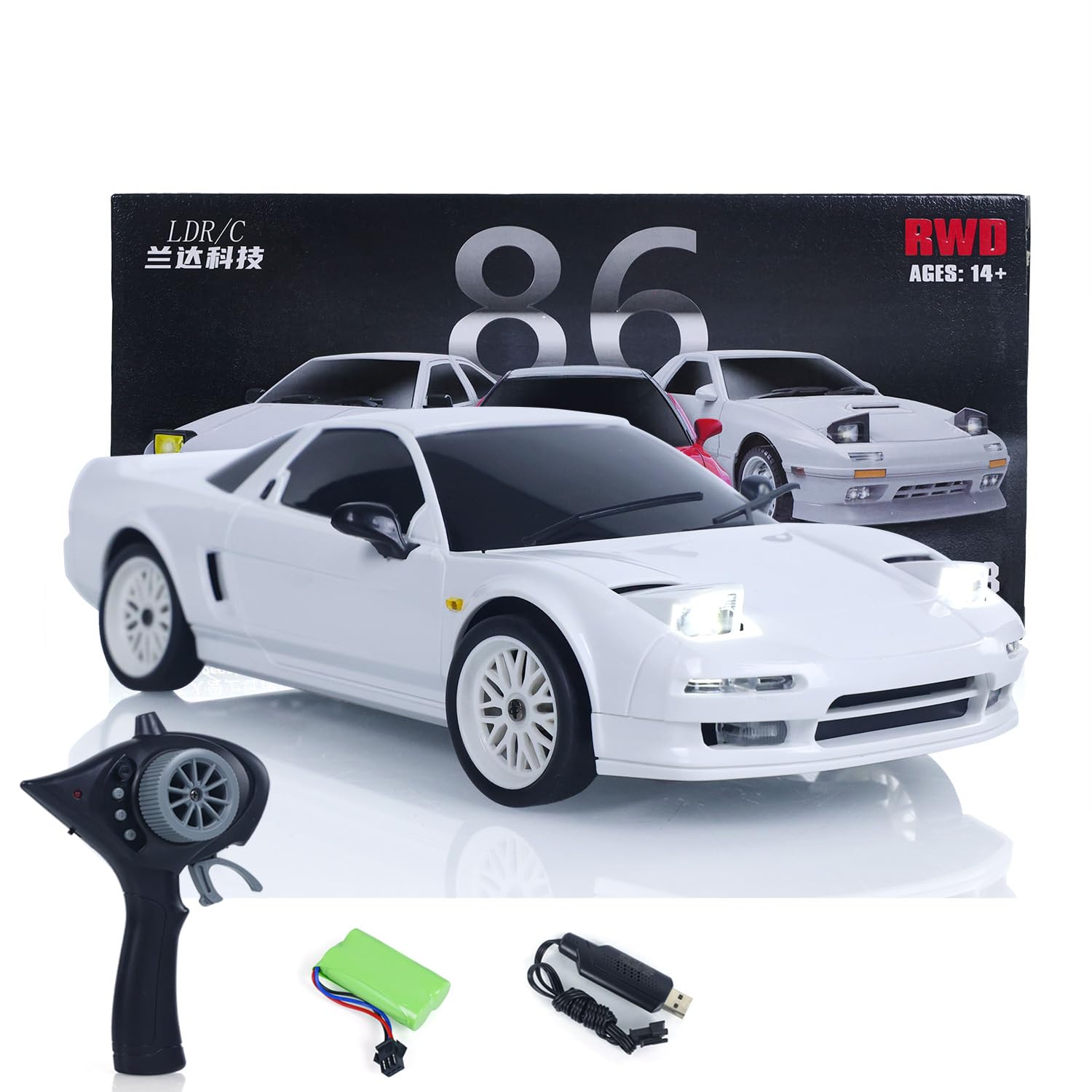 LDRC 1:18 2.4G Coche de deriva a control remoto LDA02 RTR 4 * 2 RWD Vehículos de carreras con luz abatible Motor de batería USB Carga Juguetes