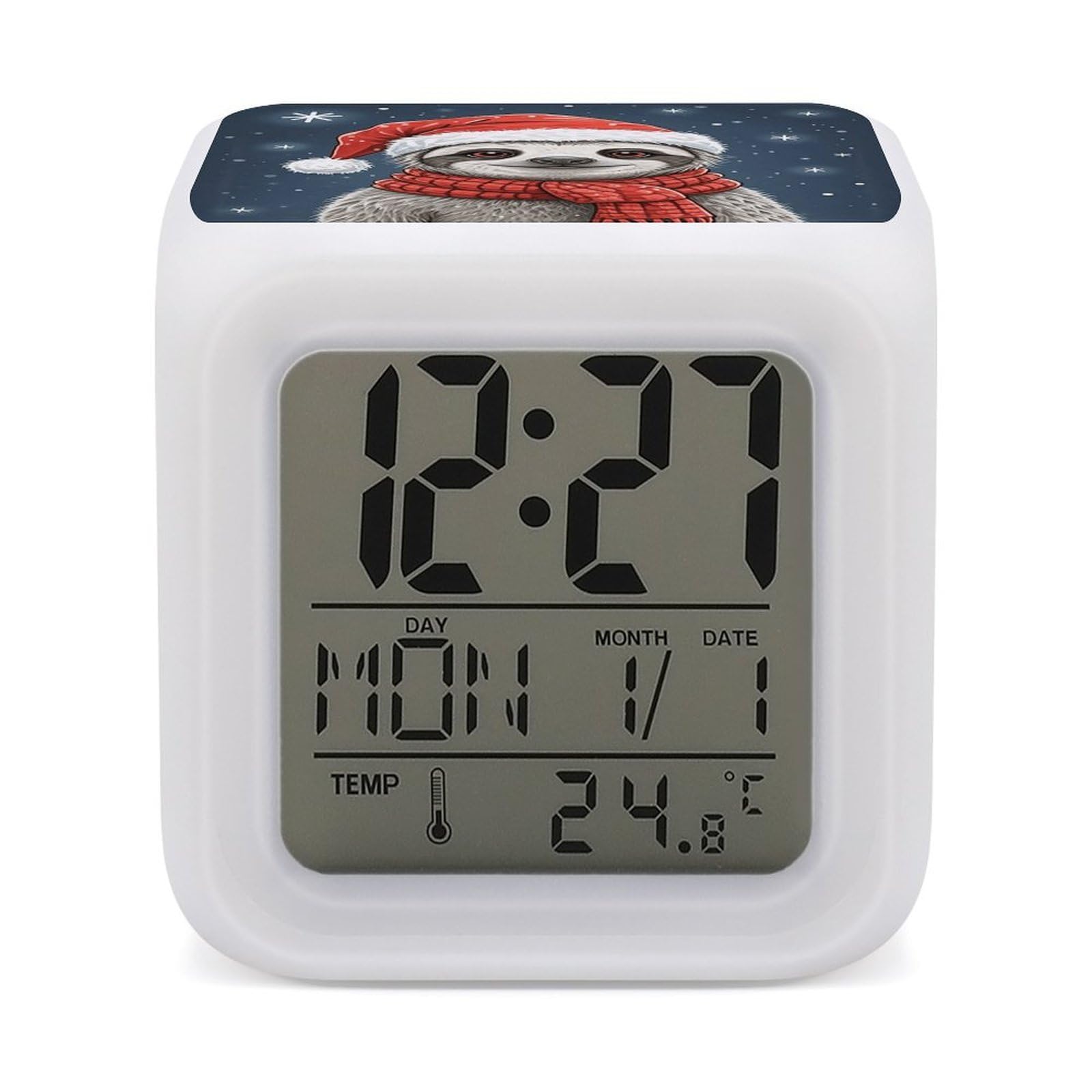 7 Color Ambient Night Light Cube Battery Operated Christmas Sloth Digital Clock with Snooze Temperature LED Digital Alarm Clocks Dimmable Wake Up Light Portable Mood Lamp for Bedroom Desk Gift