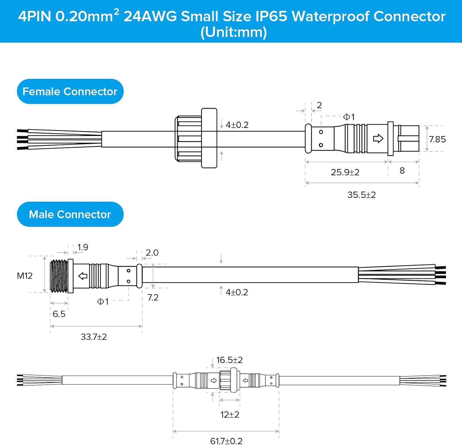 SEZO 4Pin Electrical Connector 24AWG IP65 Waterproof Male Female Connector 7.87in/20cm Extension Cable for Car,Truck,Boat,Indoor/Outdoor LED Strip Lights/String 15mm Nut Small Size 5 Pairs