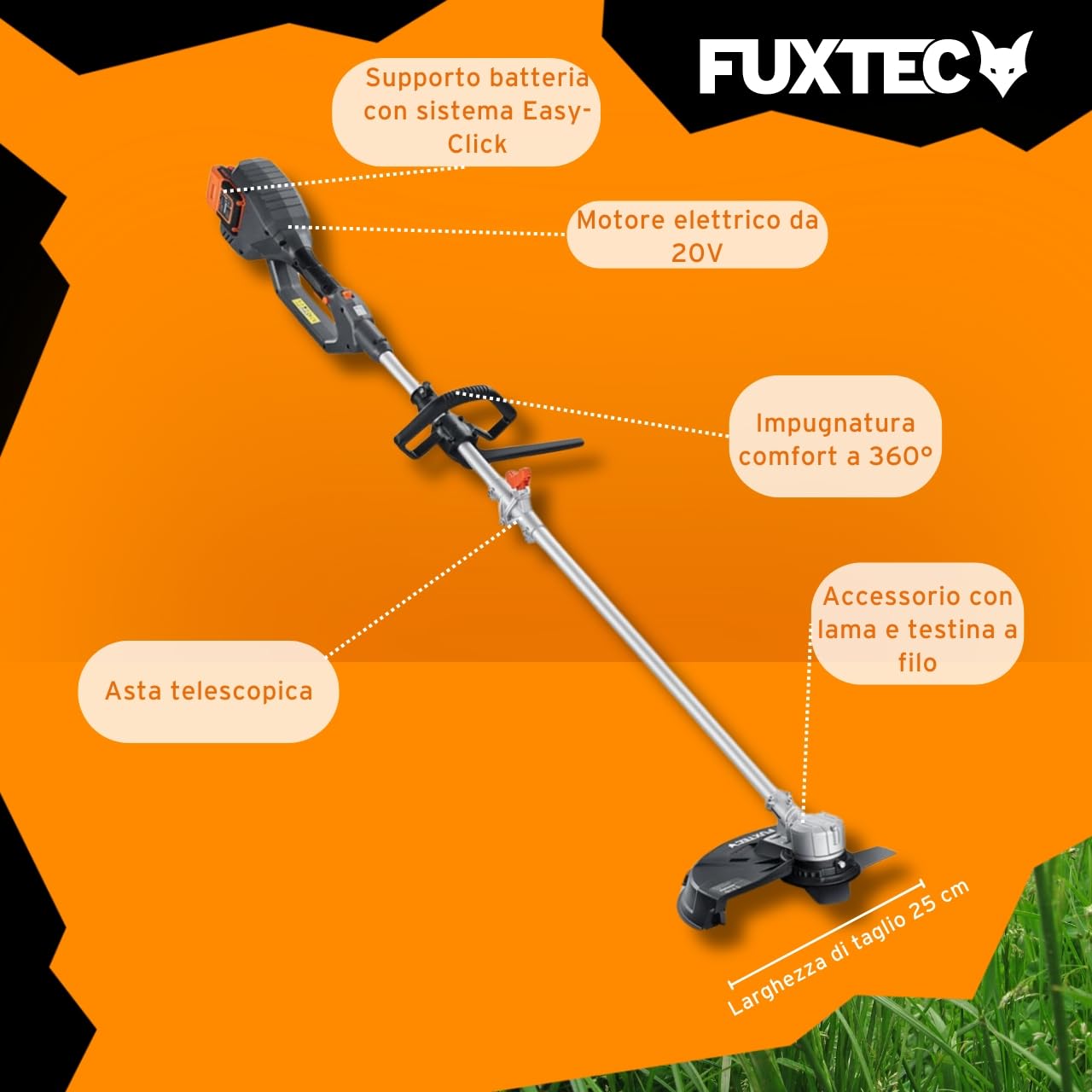 FUXTEC Decespugliatore a Batteria 2x20V FX-E2MSSET - Con 2xBatterie e Doppio Caricatore - Larghezza di Taglio 25,5-35cm, Lama e Filo, 10kg, Fino a 6000 giri/min