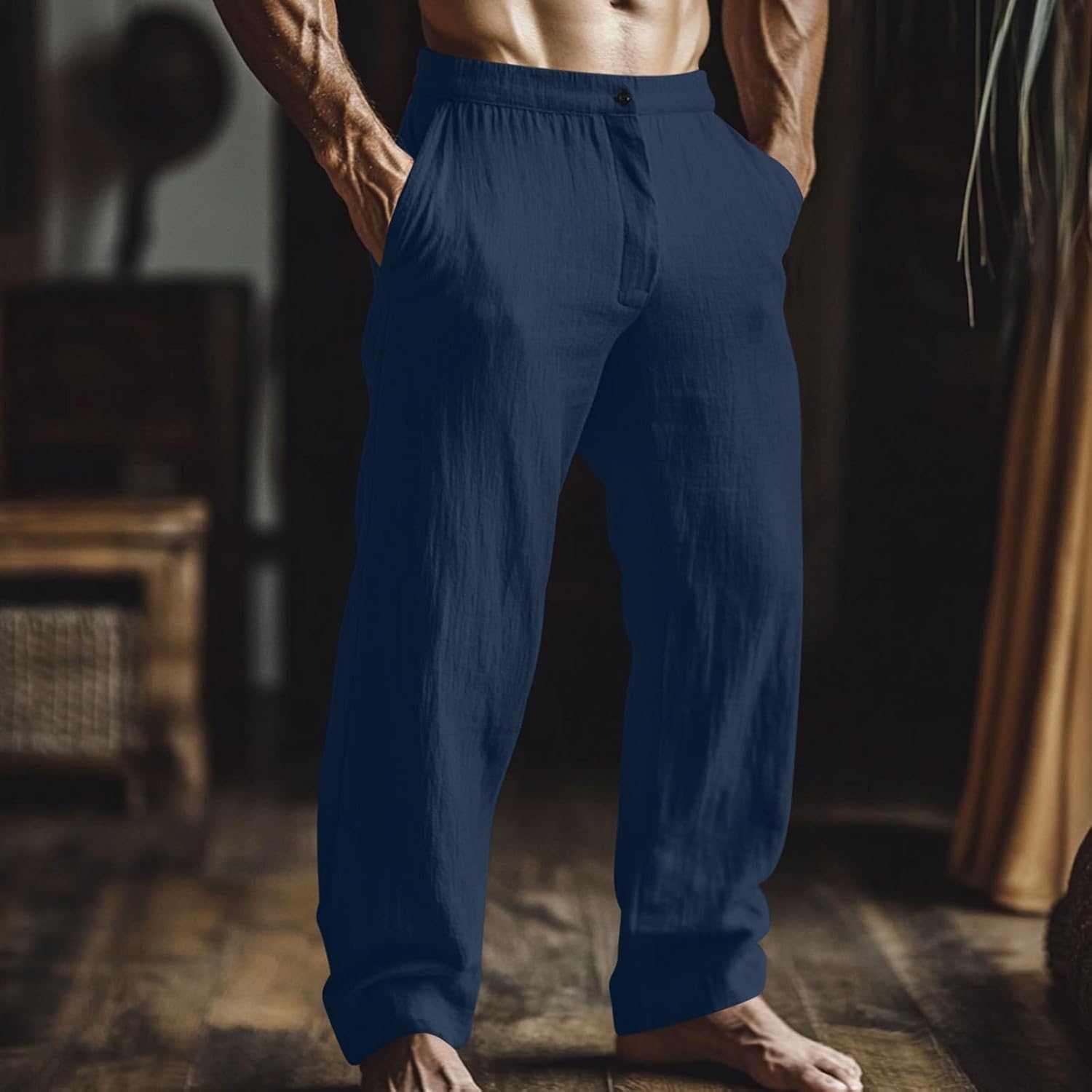 Men's Linen Pants Summer Casual Elastic Waist Flat Front Beach Pants Relaxed fit Comfy Yoga Lounge Pant with Pockets