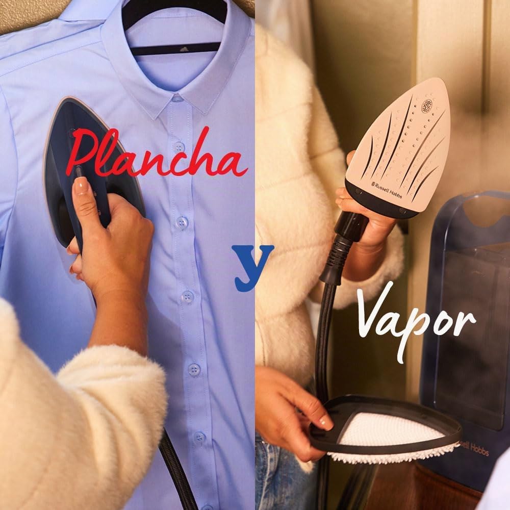Russell Hobbs Plancha Vertical [2 en 1: Plancha y Vaporizador] Steam Genie Maestro (1700W,20g/min) 2 Accesorios: Delicados y Tapicería,Placa Cerámica,Depósito 750 ml,Almacenaje Integrado, 27600-56