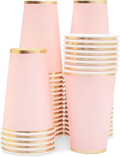 Juvale Vasos de fiesta rosados, 12 onzas, paquete de 50, rosa claro y dorado, vasos de papel desechables para bebidas calientes y frías, para novia