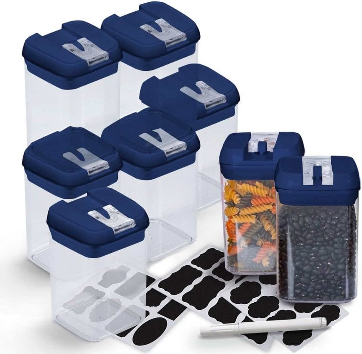 Food Storage Containers, 8-Piece Set, Clear Plastic with Blue Lids, Includes Chalkboard Labels and Marker