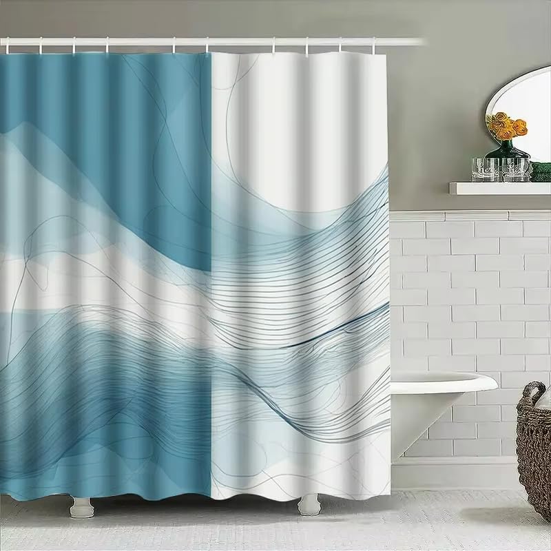 Rideau de douche bleu blanc 90x200 cm en tissu imperméable avec crochets pour baignoire