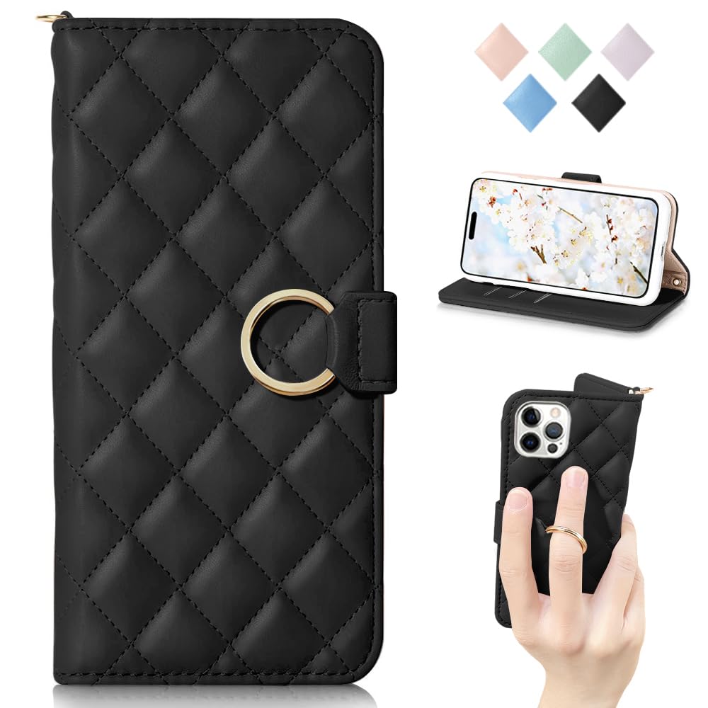 MAGICASE 適用 iPhone 14 pro ケース 手帳型 人気 リング付き可愛い iPhone14 pro 手帳型ケース iPhone 14 プロ ケース 手帳型 シンプル アイフォン 14 pro ケース 女性 カード収納 横置き機能 あいほん 14 pro ケース 財布型 レディース かわいいの贈り物 男女兼用 落ち着いた色(iPhone14pro, 6.1インチ),ブラック