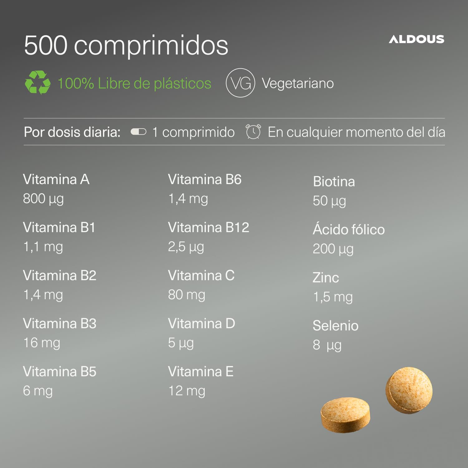Multivitaminas Mujer y Hombre - 500 comprimidos + 1 año - Multivitaminico: Vitamina C, D, E, A, Vitaminas B, Biotina, Acido Folico, Calcio, Zinc, Selenio - Complejo Vitaminico Completo - ALDOUS