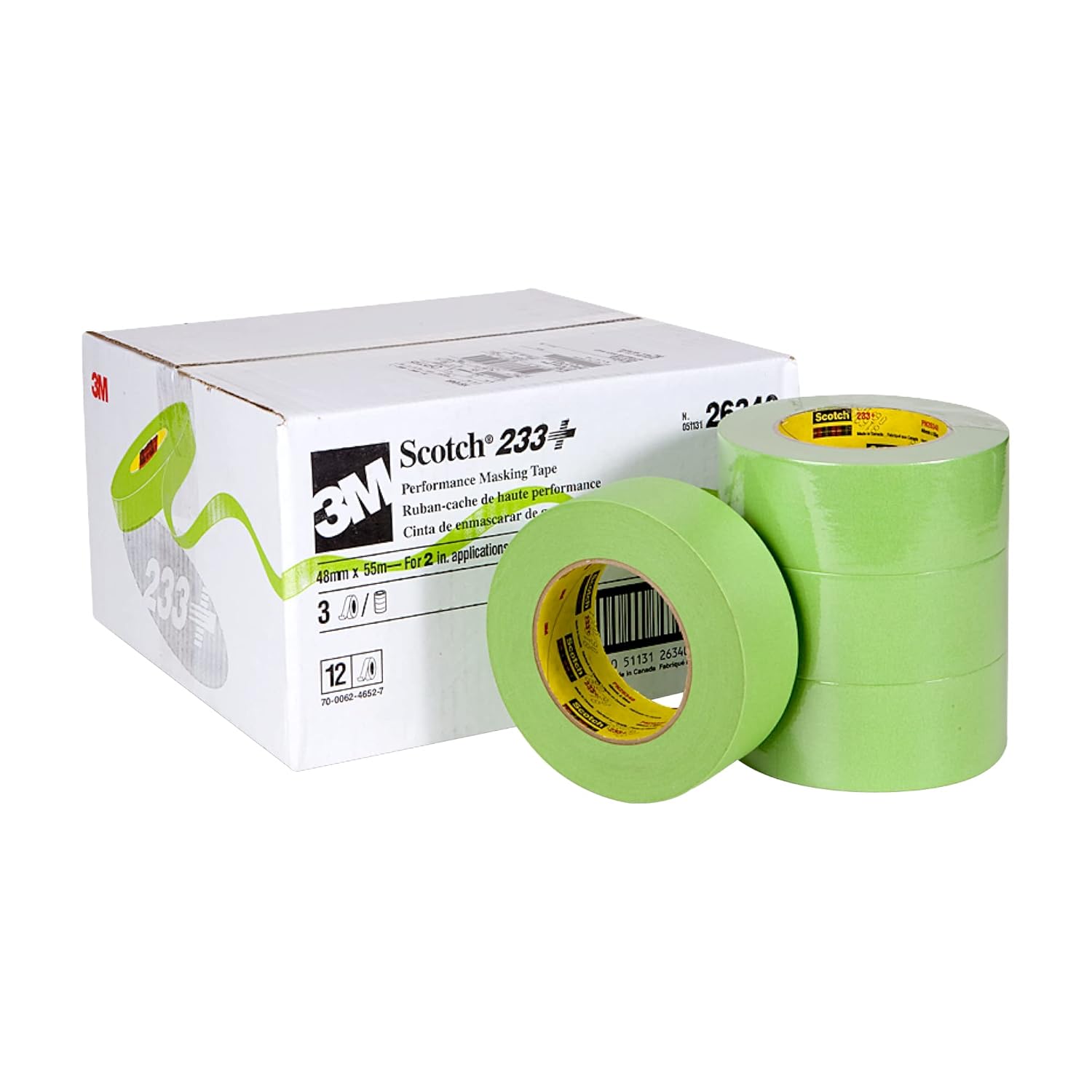 3M Scotch Performance Masking Tape 233+ 26340, Moisture Resistant, Flexible, Green Color, 48 mm x 55 m​​, 12/Case