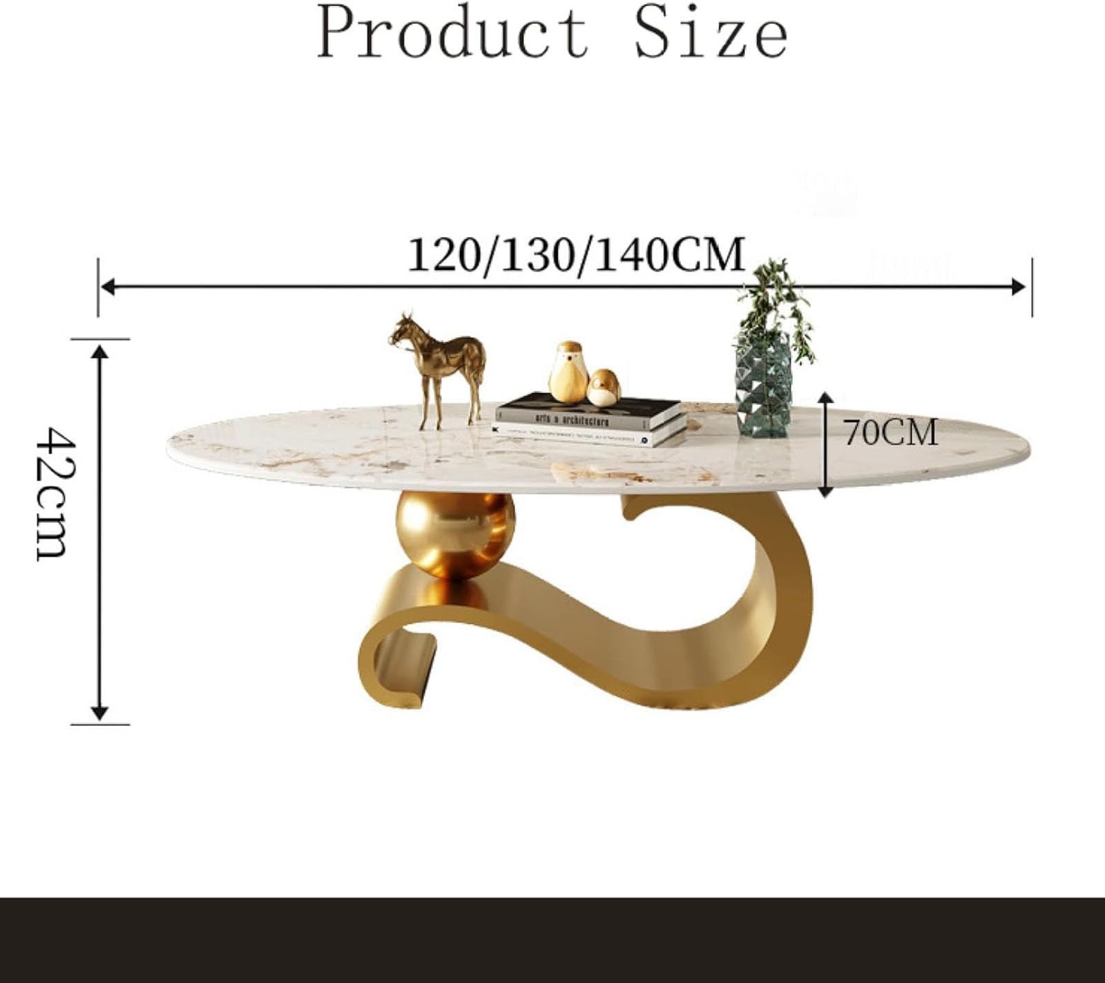 Luksusowy stolik kawowy, owalny marmurowy blat ze złotym metalowym uchwytem, nowoczesny design, elegancki styl, łatwy do czyszczenia, stół środkowy 100 cm do salonu