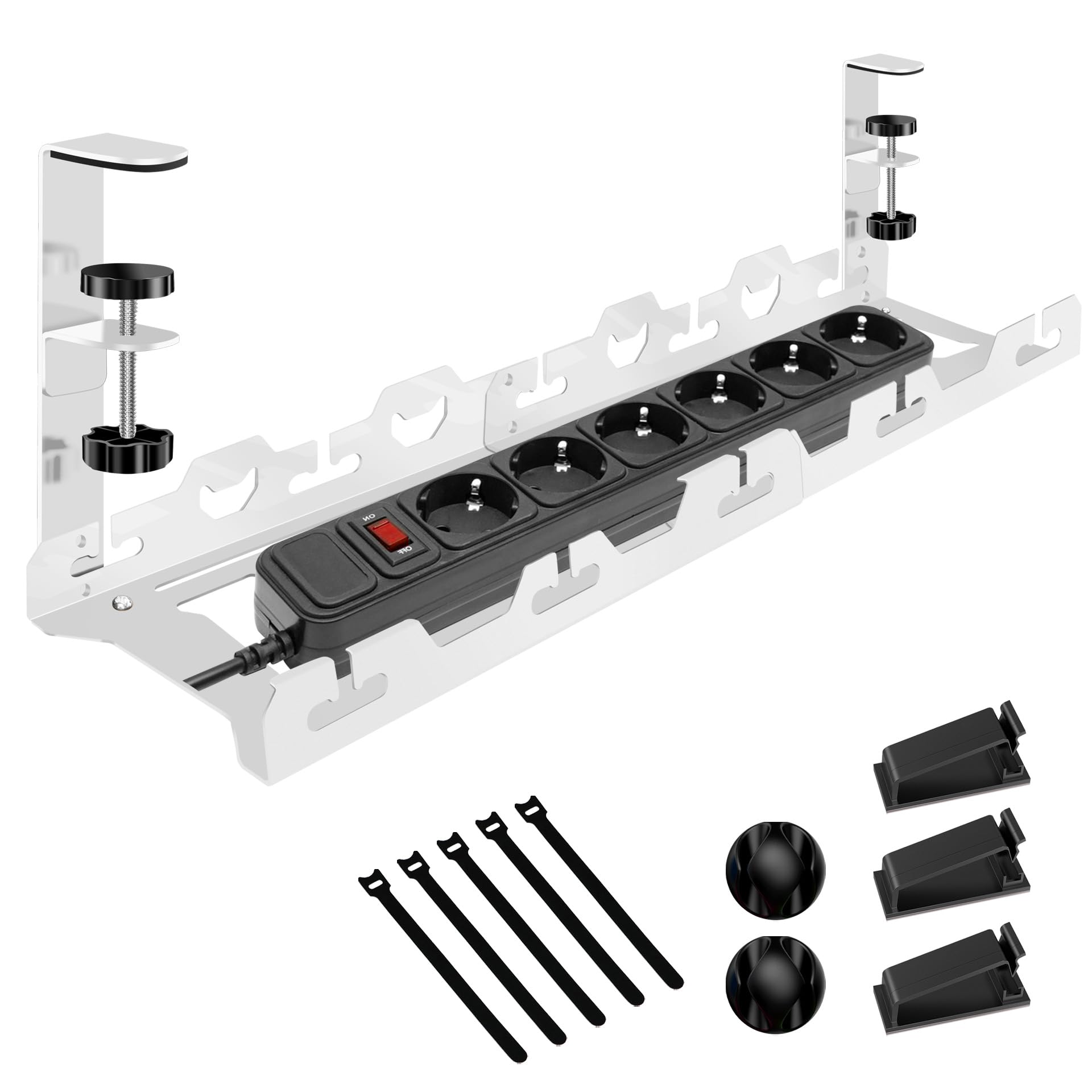 Mimoke Cesta de gestión de Cables Ajustable, sin perforación, Almacenamiento Pesado, Extensible de 40 a 74 cm, Capacidad hasta 15 kg, diseño ventilado, Adecuado para Oficina, Blanco