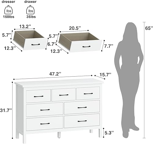Miniatura 3 de JOZZBY Cómoda para dormitorio con 7 cajones, cómoda blanca moderna con asas doradas, organizador de almacenamiento de madera, cómoda para guardería,