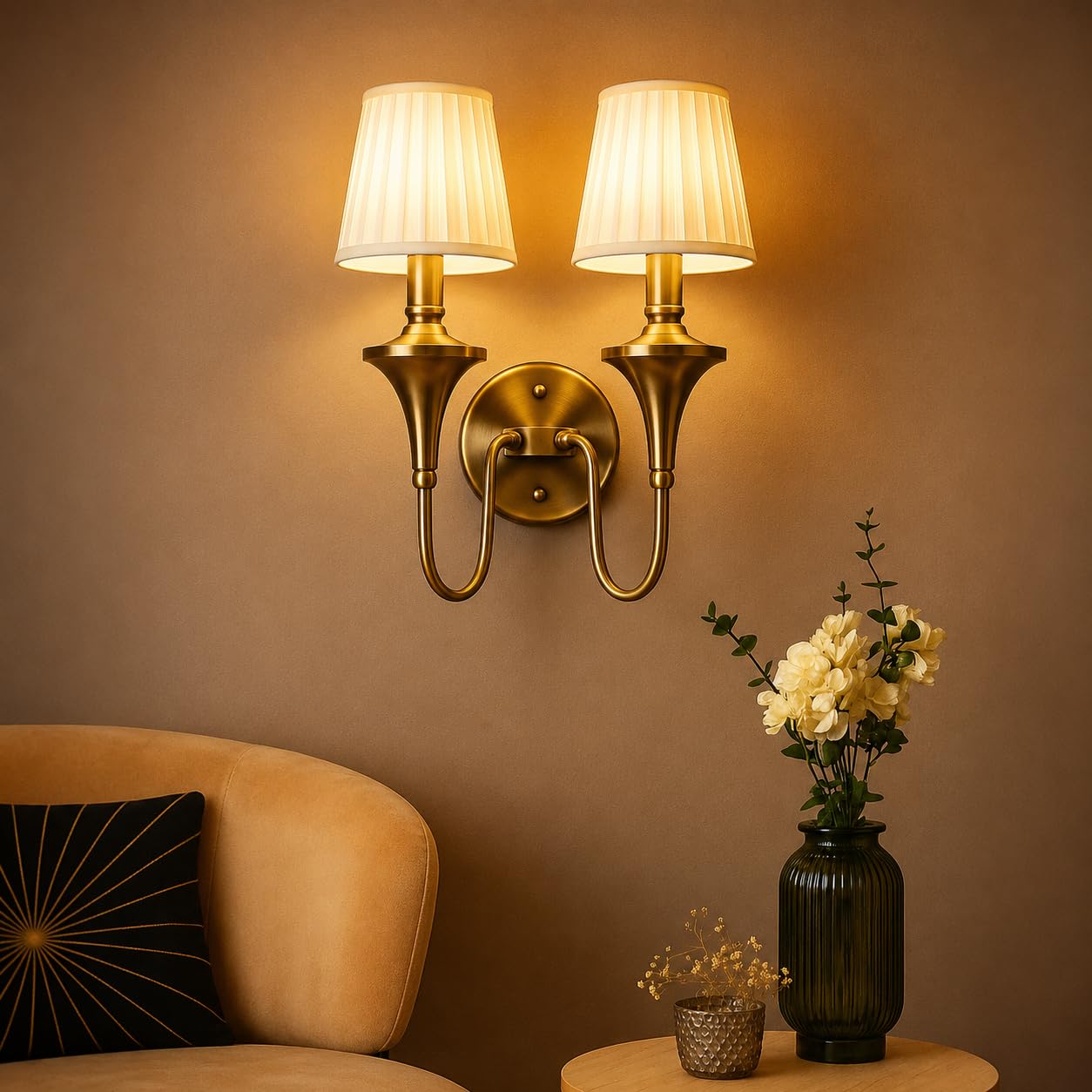 ALDAMIRA LIGHTING DECOR Vintage Brass Double Arm Wall Lamp | Classic Fabric Platted Shade | Luxury Classic Sconce Light | Decorative Lighting Fixture for Living Room, Bedroom, Hallway-image-36