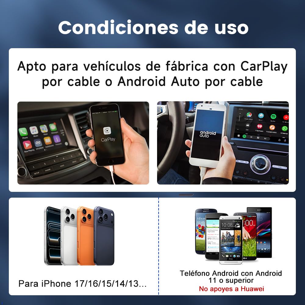 Carlinkit 2026 5.0 Carplay Inalambrico y Adaptador Android Auto Inalambrico,Adaptador inalámbrico 2 en 1convierte con Cable a inalámbrico,con actualización en línea,para iOS 10+ & Android 12+