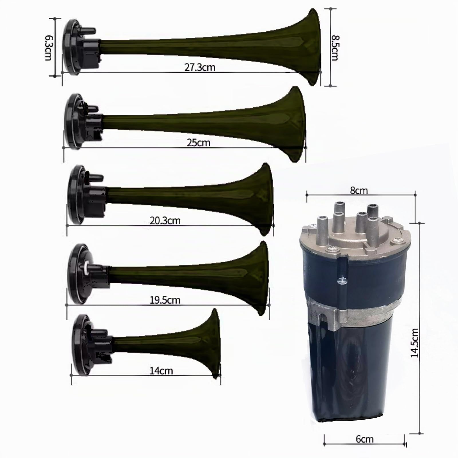 Trompette musicale Dixie Haut - parleur air cornet 165db Car Horn Trompette d'air Klaxon de voiture noir à cinq tubes Corne multifréquence étanche avec pompe à air pour 12V voiture camion ect