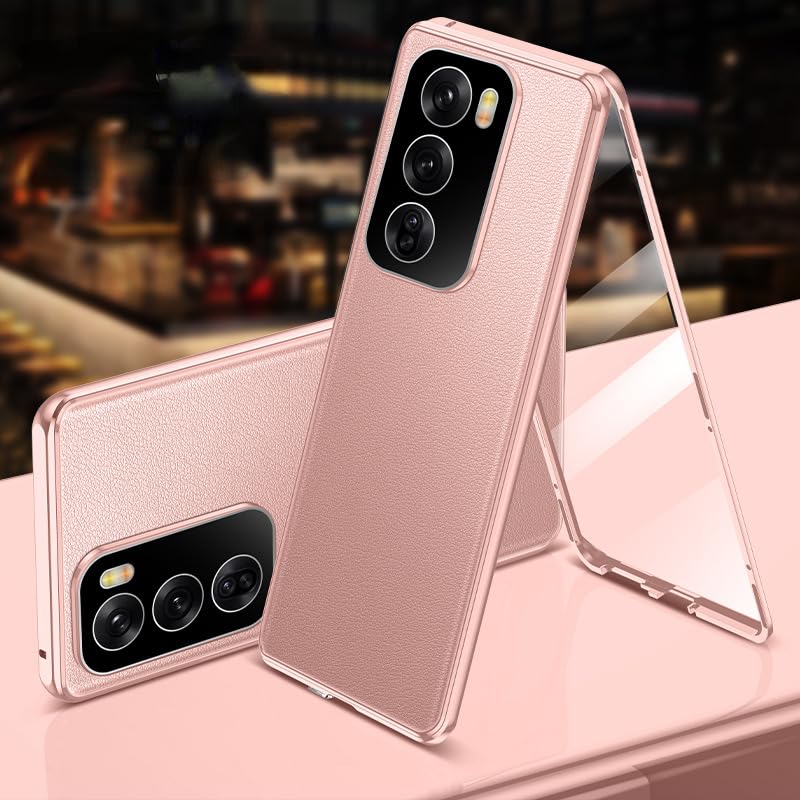 Gruattreay Compatible with OPPO Reno 12 Pro Case 360 Full Protection Body Cover Front Glass Clear Hard Cover with Back PU Leather Phone Case For Reno12 Pro (Pink)