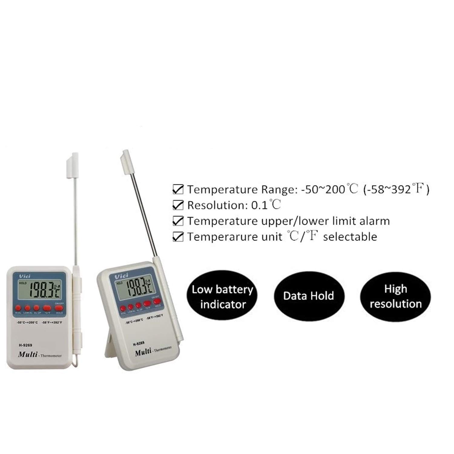 Termómetro digital H-9269 Termómetro digital for alimentos con alarma de temperatura alta y baja. Mini sensor de acero inoxidable for colgar en la pared del escritorio incluido. Plato for barbacoa