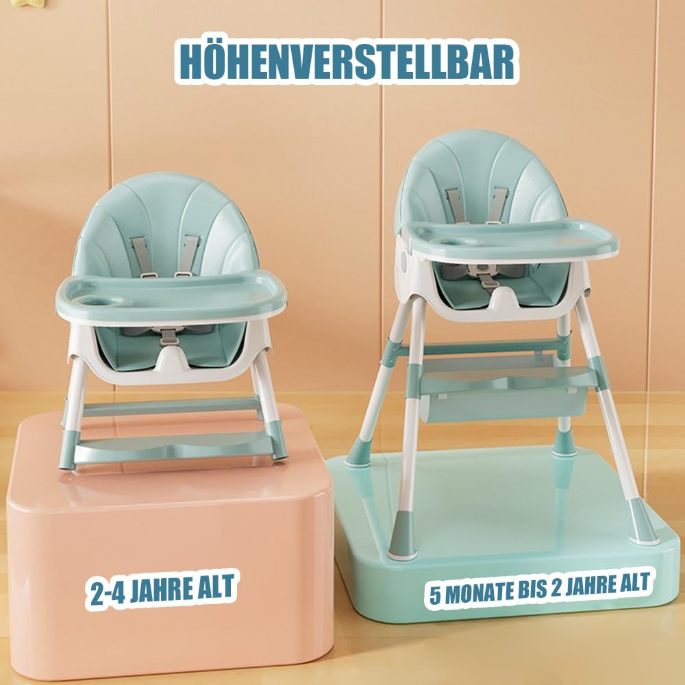 Supfine Chaise haute pour bébé 3 en 1, réglable avec ceinture de sécurité à 5 points, planche à manger amovible, hauteur réglable 87 cm, pliable, pour bébés et tout-petits (vert, 3 en 1)