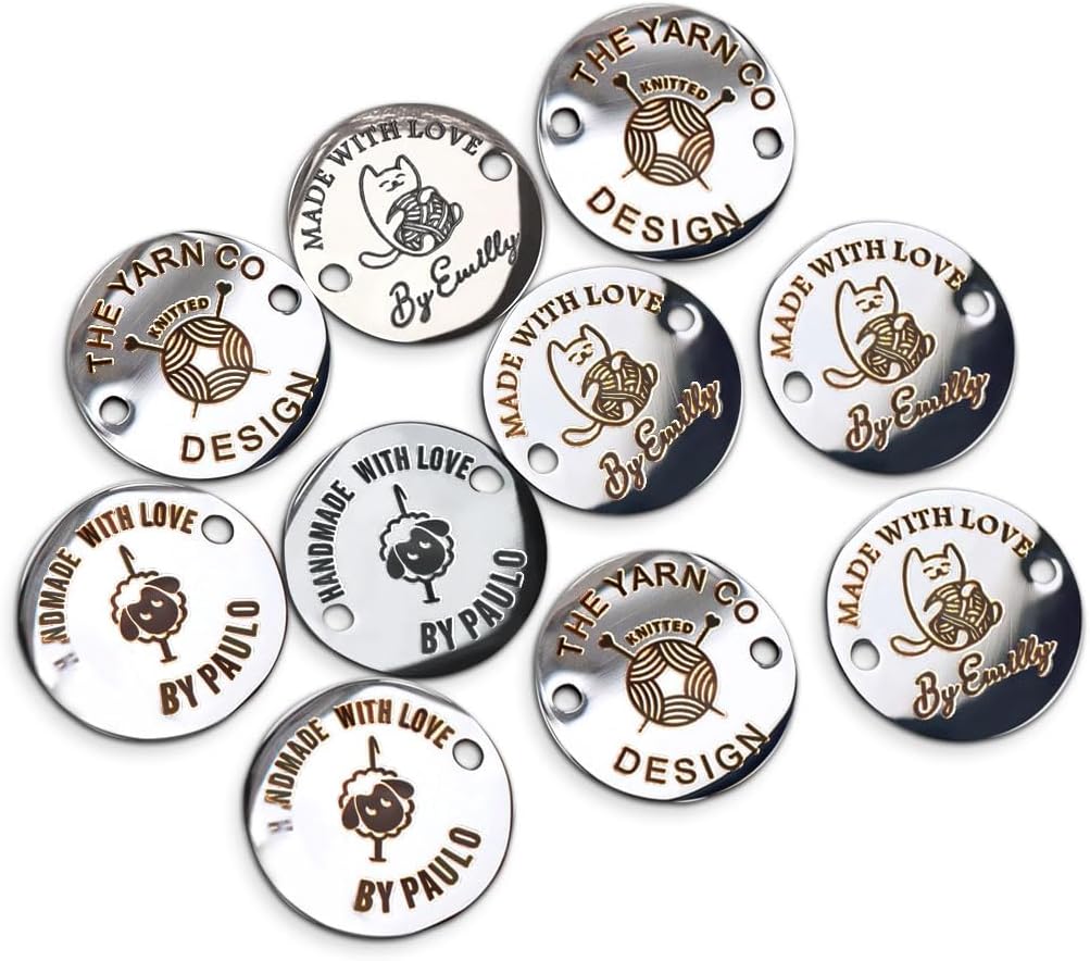 10Pcs Personalized Metal Tags for Crochet Items,20x20mm Round Custom Tags for Handmade Items,Two Holes Stainless Steel Logo Labels for Crafts,Knitting,Jeans,Bags and Shoes (Silver, Round)