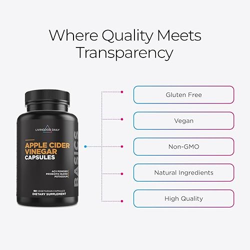 Miniatura 4 de Livingood Daily Cápsulas de vinagre de sidra de manzana con la madre (1500 mg) – Pastillas ACV con probióticos y potasio para mujeres y hombres –