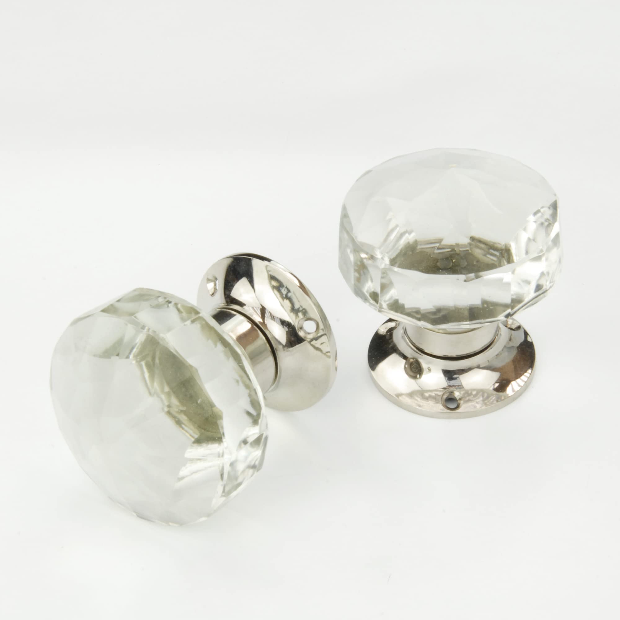 Underground Parts Brass Jones & Grey Clear Glass Round Door Knobs Mortice Handles - Polished Nickel