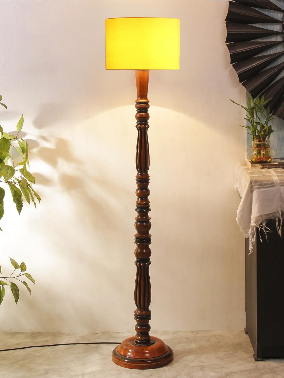 AMDHOME Yellow Cotton Wooden Floor Lamp -42