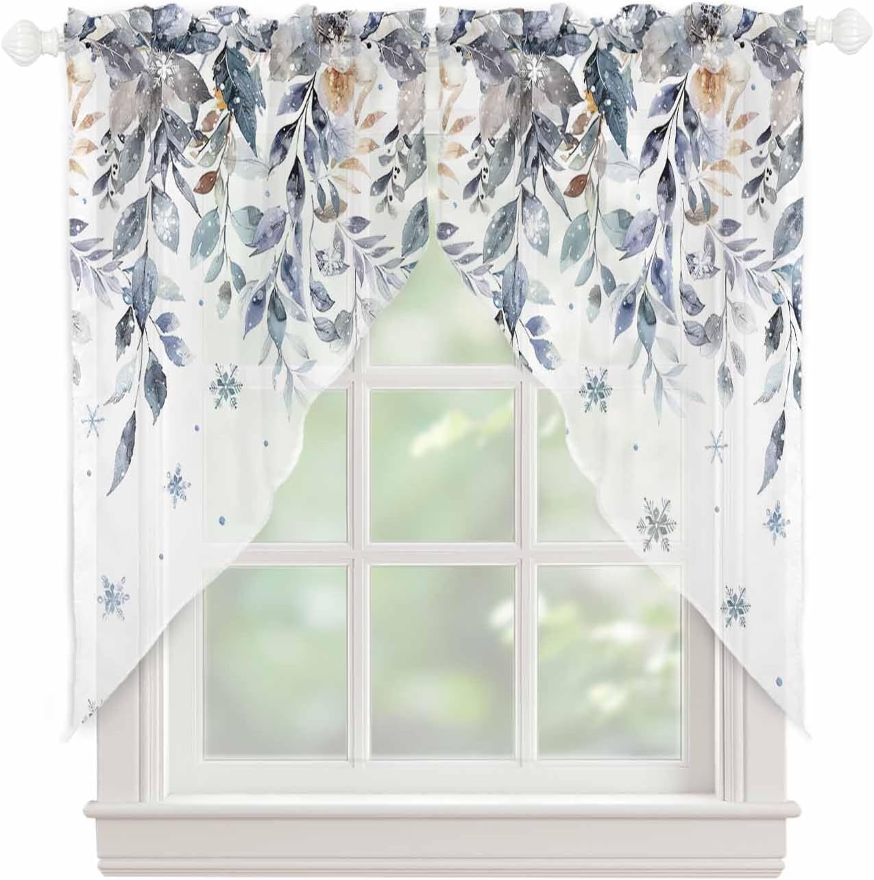 Blue Christmas Eucalyptus Leaves Sheer Swag Curtain