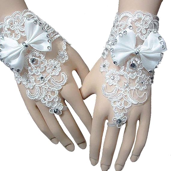 PALAY  Unisex Gloves for Lady Formal Banquet Bowknot Rhinestone Pierced Lace Gloves Gift (White, Free Size)