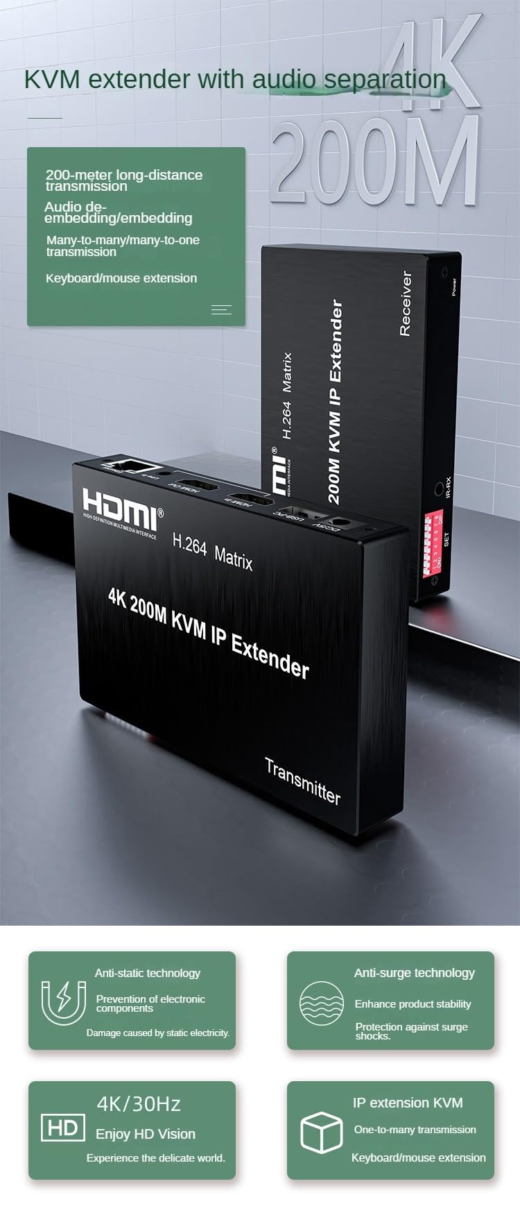 KVM Verlängerungskabel IP HDMI 4 K 200 m über Cat5e/Cat6 Ethernet-Kabel, H.264 Matrix, Video-Transmitter, Mehrfachverbindung, kompatibel mit Tastatur und Maus für PC TV (TX+RX)